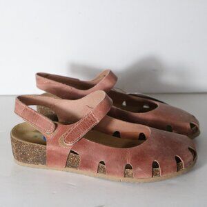 BioNatura Mary Jane Cork Cutout Flats Womens 7.5 Pink Leather Distressed Boho